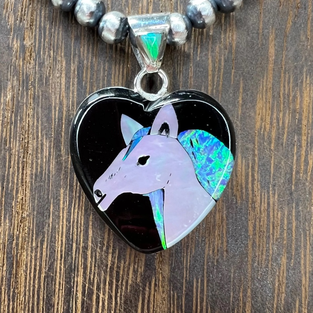 Sterling Silver Inlay Pendant - White Horse